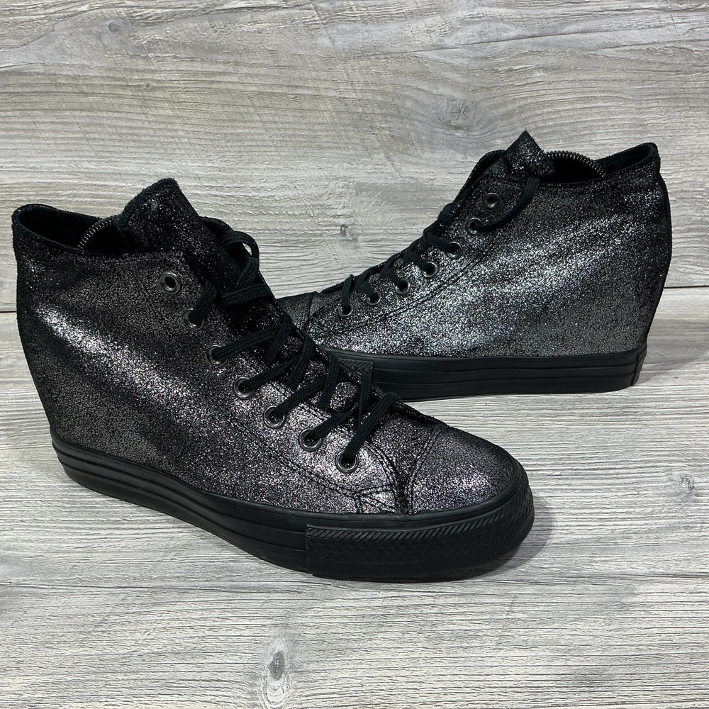 Converse Chuck Taylor All Star Hidden Heel Wedge Silver Black Sparkle Womens 10